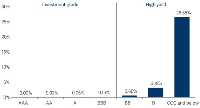 bar graph showing one year global default rate, s&p weighted long-term average 1981-2021