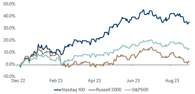 line graph showing small and mid caps materially underperformed large caps