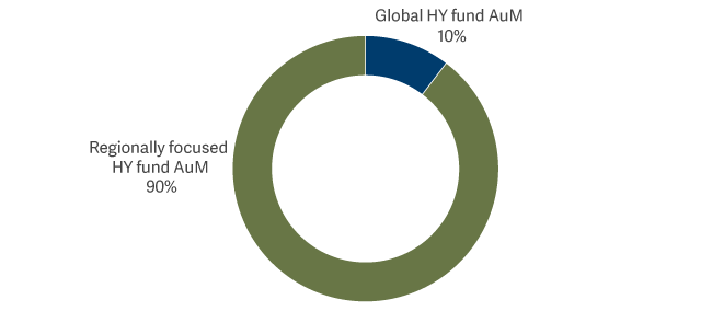 pie chart showing the vast majority of high yield AuM is in funds with a regional approach